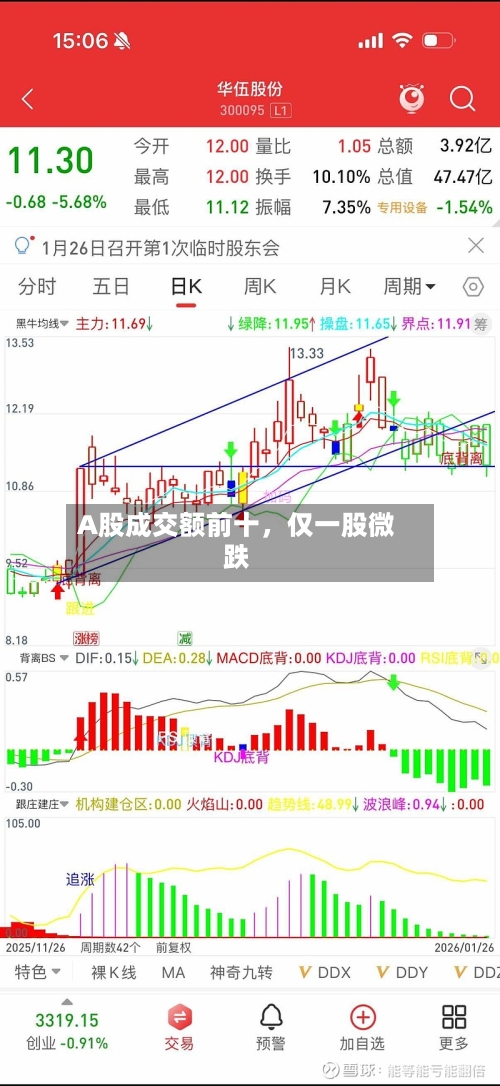 A股成交额前十，仅一股微跌