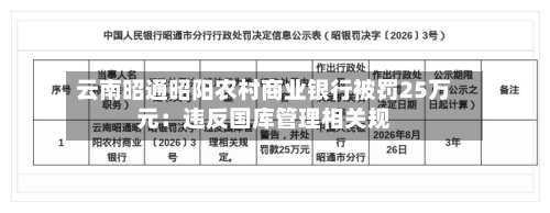 云南昭通昭阳农村商业银行被罚25万元：违反国库管理相关规